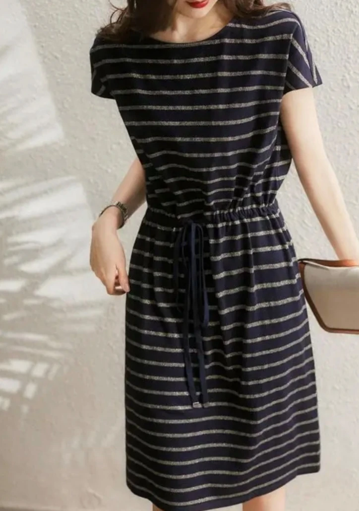 【清仓】洋气新款亮丝条纹连肩袖抽绳连衣裙女圆领休闲T恤裙子夏季