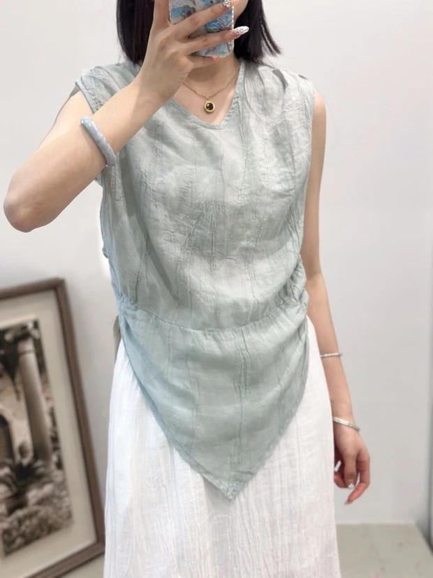 （再见时光）苎麻无袖上衣复古做旧百搭时尚休闲