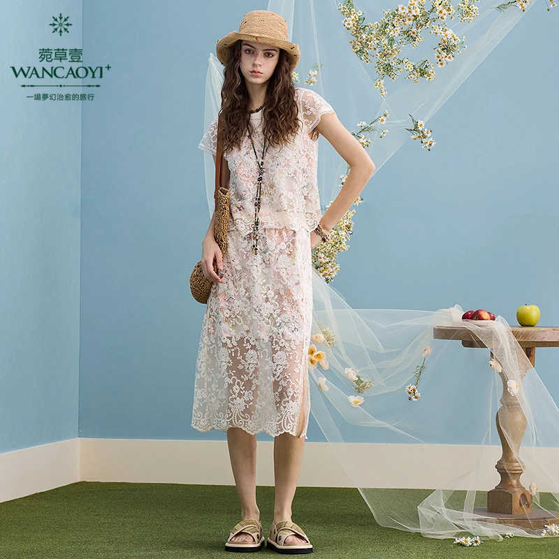 【商场同款】菀壹2025夏季少女风蕾丝绣花短袖套装H34931521