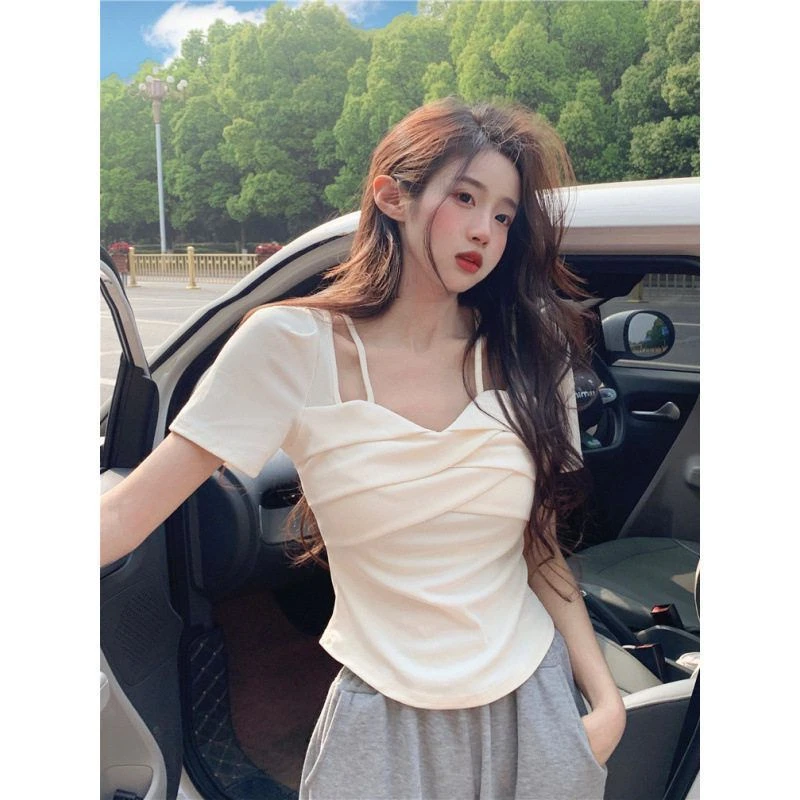胖正肩藏短袖女气质2025不规则肉mmT恤大码遮肚白色显瘦短款MM