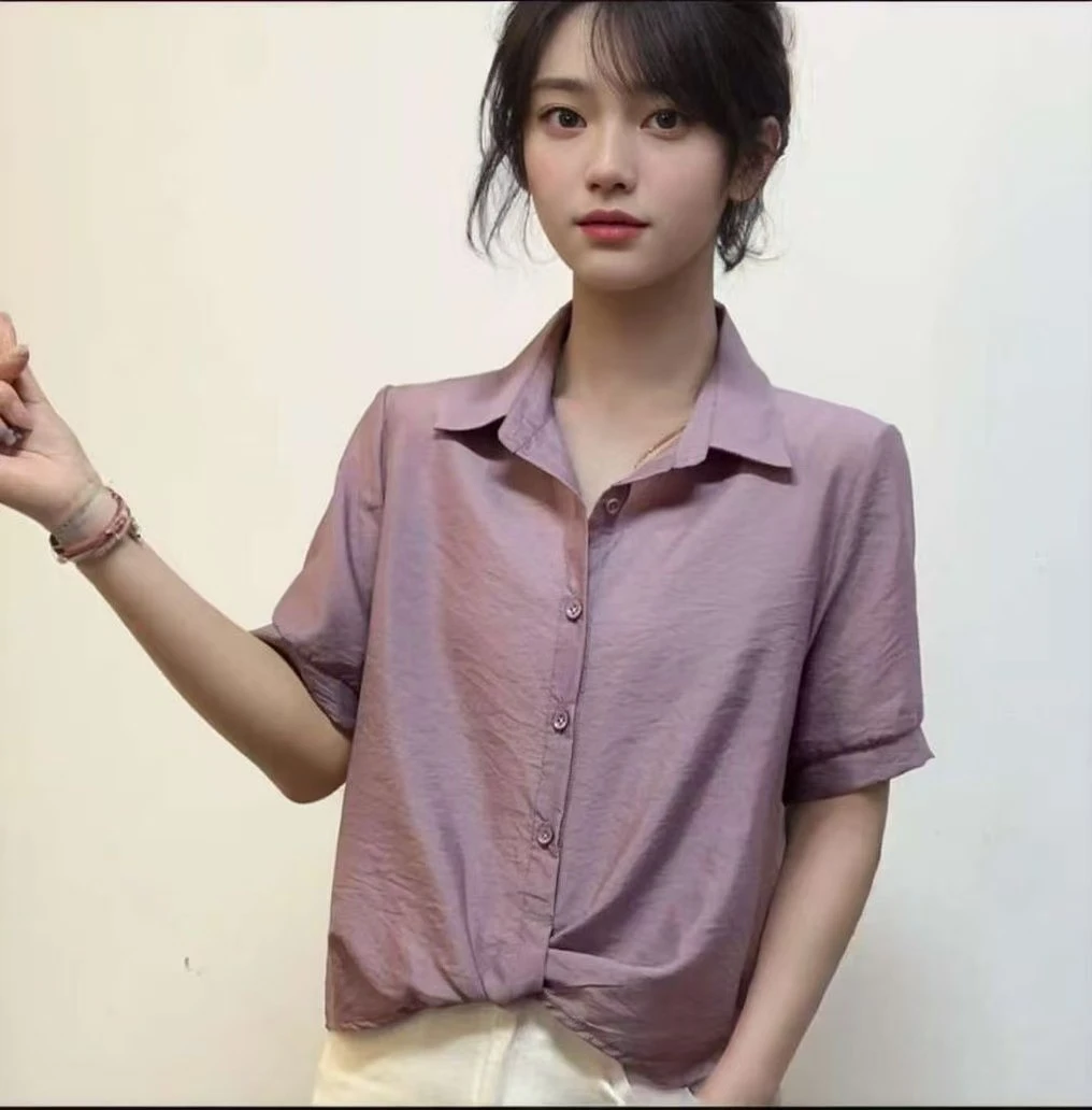 夏季韩版女士时尚百搭显瘦衬衫气质减龄纯色薄款短袖T恤休闲衬衣