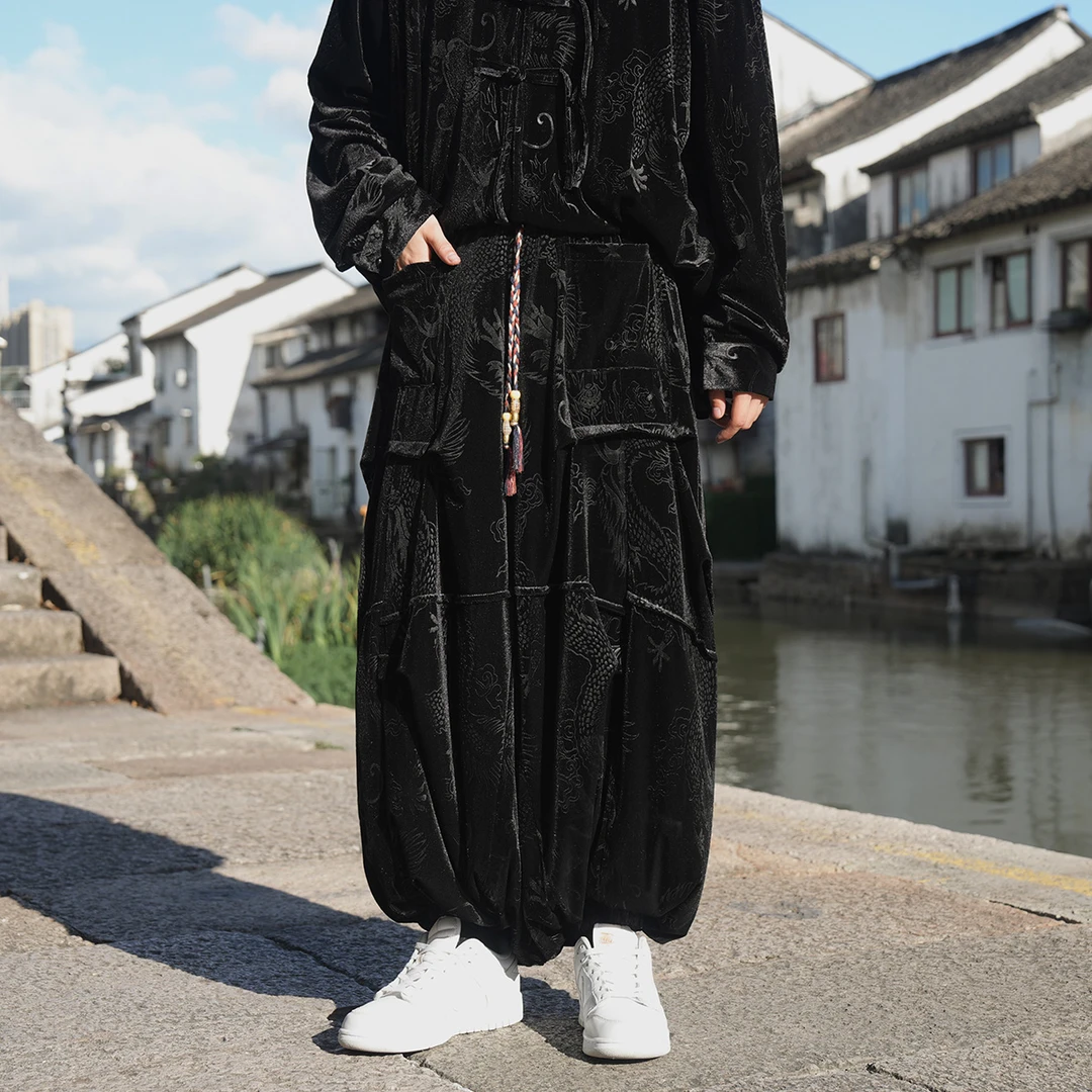 国潮暗黑系灯笼裤男士大码肥佬金丝绒阔腿裤高级感褶皱宽松哈伦裤