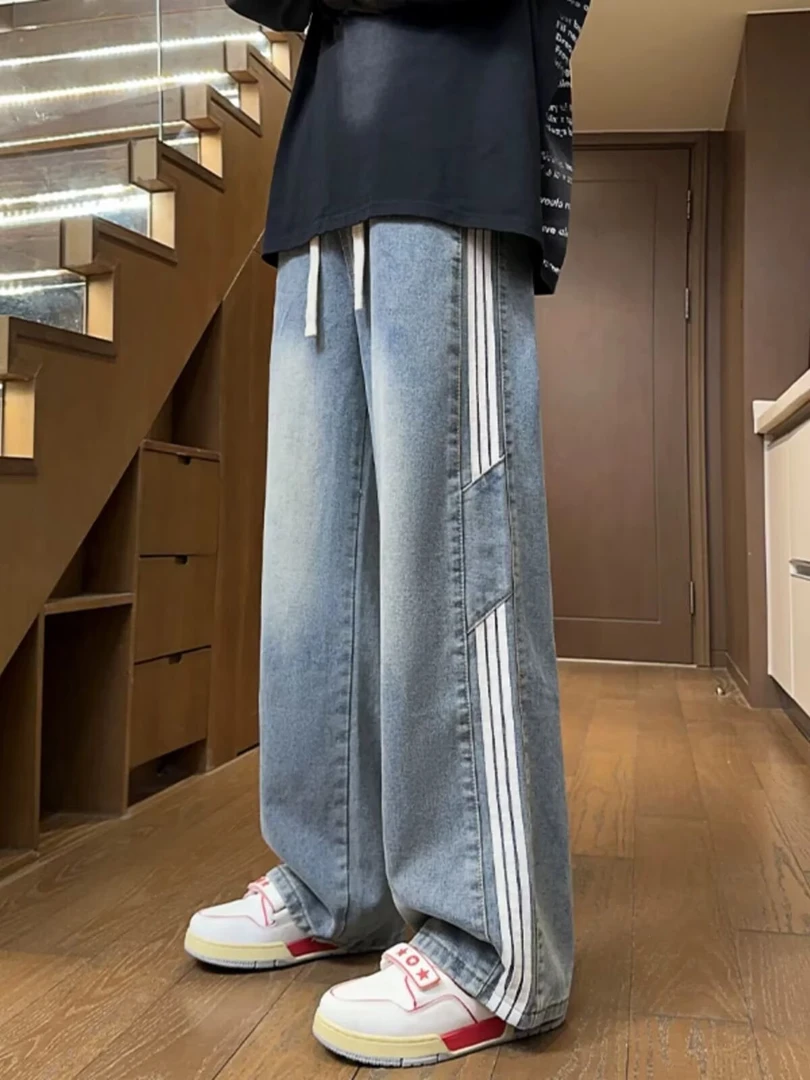美式条纹牛仔裤男新款高街运动风潮流休闲百搭拼接宽松阔腿直筒裤