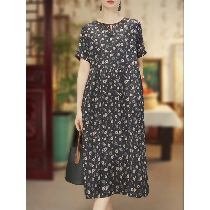 【花团锦簇】25新款桑蚕丝连衣裙优雅高级印花轻奢气质宽松裙12431