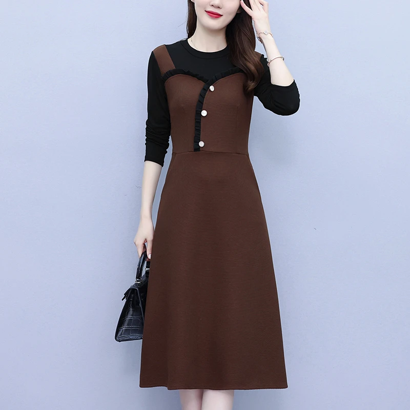 大码女装秋冬荷叶边针织拼接显瘦遮肚洋气长袖连衣裙女FA#6873