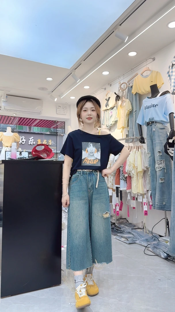 夏季新款【人像】夏装美式复古印花斜肩短袖T恤百搭