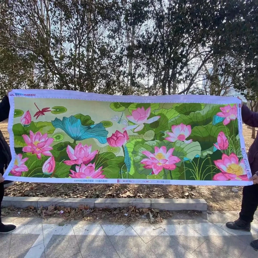 2.4米纯手工十字绣成品荷花客厅卧室红荷映日客厅装饰画236×90
