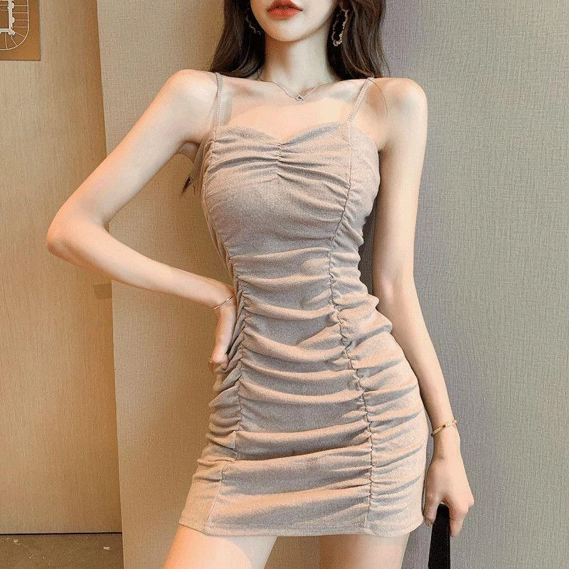 紧身吊带包臀裙2025夏季新款抽绳褶皱修身收腰显瘦打底短裙连衣裙