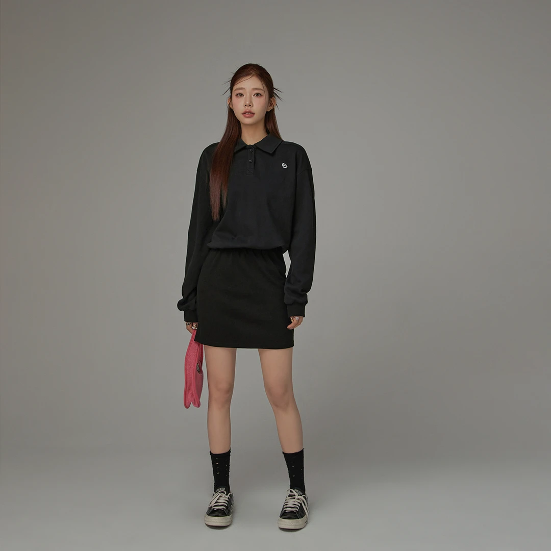 CHUU爱心贴布绣连衣裙女2025秋季新品学院套头收腰包臀长袖短裙子