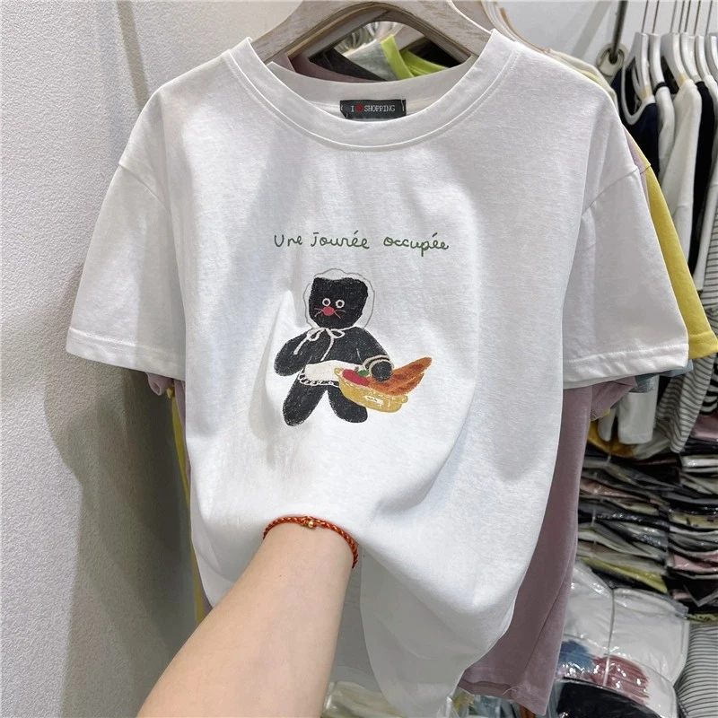 胖mm200斤大码韩版宽松显瘦可爱小熊印花雪花棉百搭圆领短袖