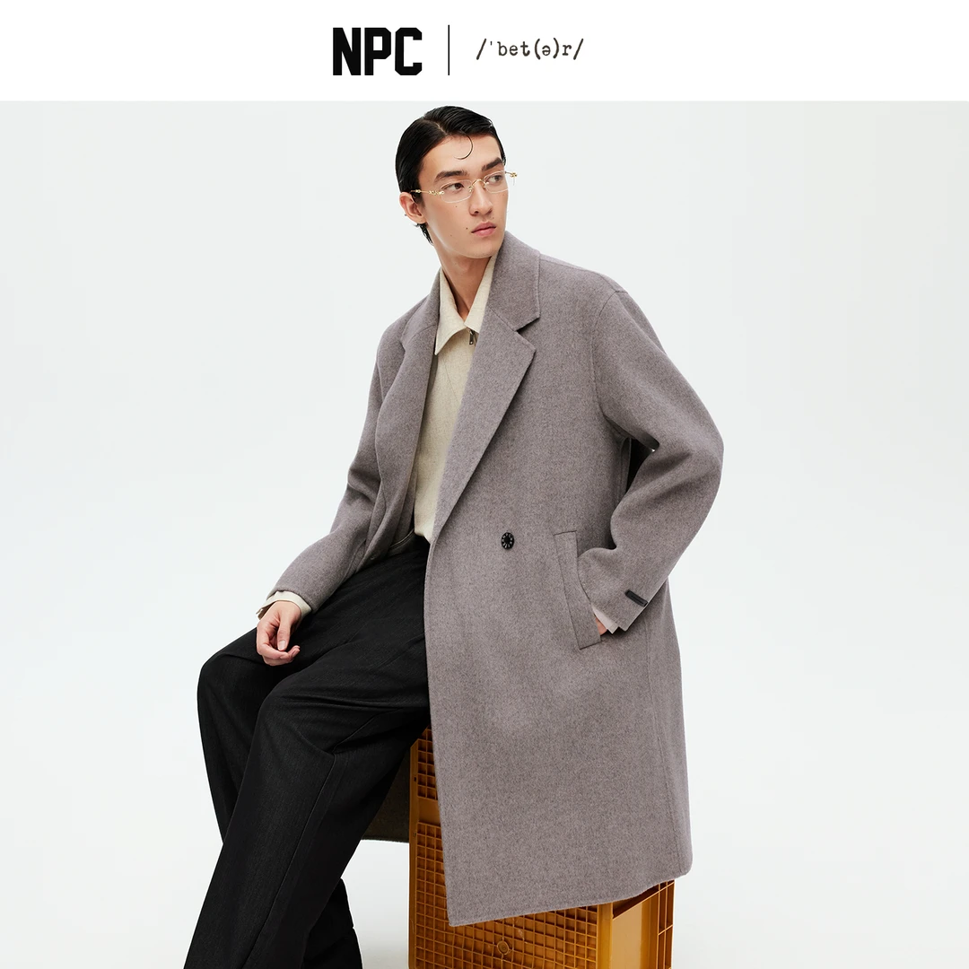 NPC潮牌100%绵羊毛平驳领毛呢长款大衣双排扣男冬上新NP58WC34&35
