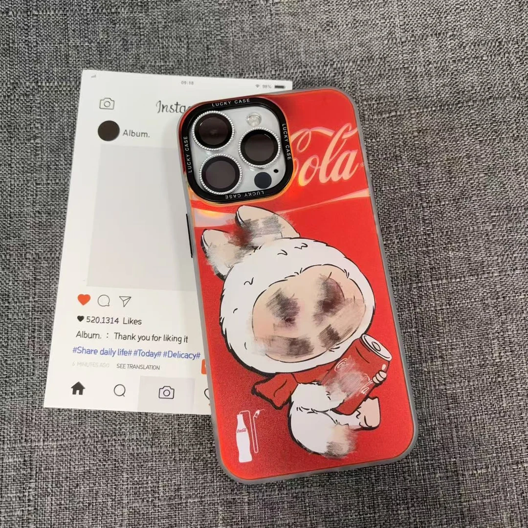 可口可乐labubu适用于苹果16手机壳15/14/13个性彩银镭射壳防摔壳
