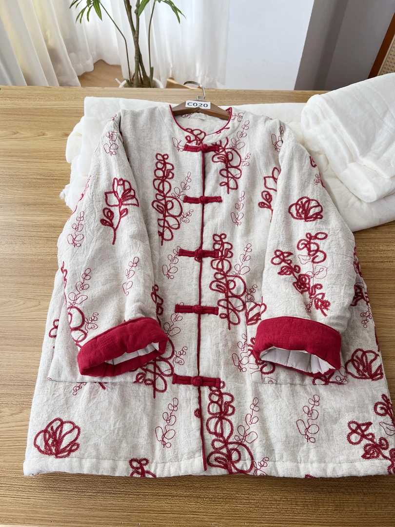 【白底绣花】秋冬亚麻棉宽松型新中式棉袄风衣外套