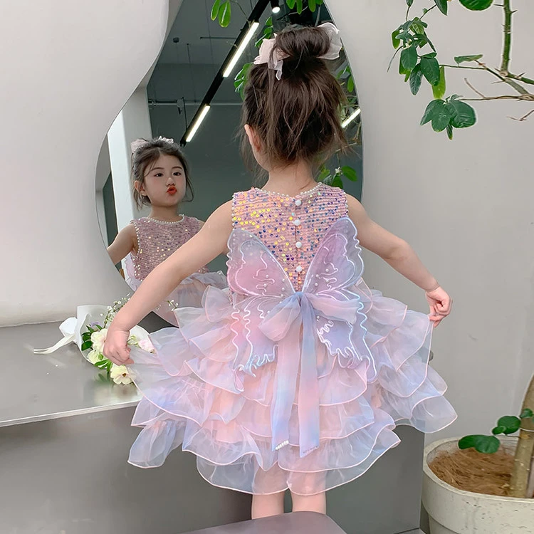 儿童连衣裙公主夏季纱网蛋糕裙渐变亮片大蝴蝶女童中小童洋气网红
