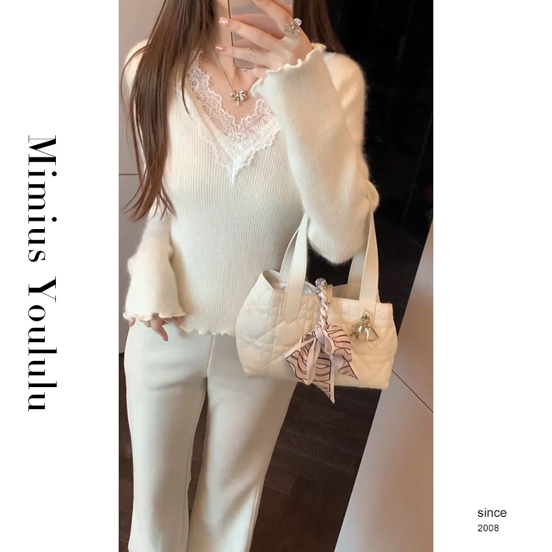 【mimius】游鹿鹿 法式蕾丝拼接V领浣熊绒针织打底衫 WF10038