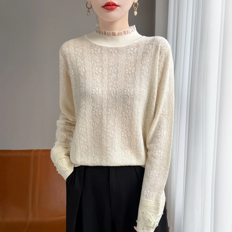 欧货桑蚕丝羊毛衫欧根纱打底衫袖口蝴蝶针织毛衣白色蕾丝内搭秋冬