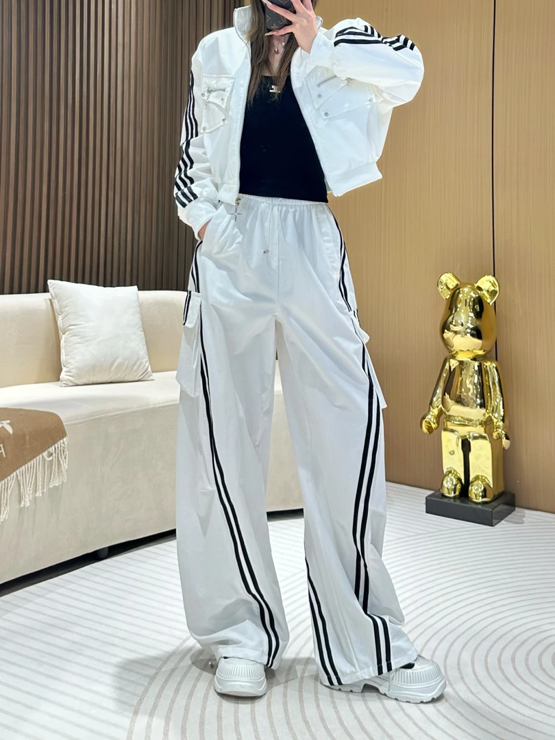 DA88083【条纹阔腿裤】美式春款条纹拼接大口袋工装裤高腰阔腿裤