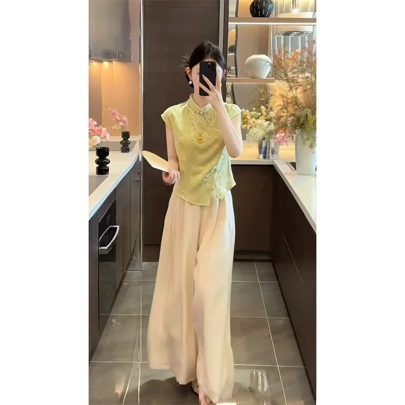 2025夏季穿搭整套温柔新中式气质百搭简约上衣独特漂亮裤子两件套