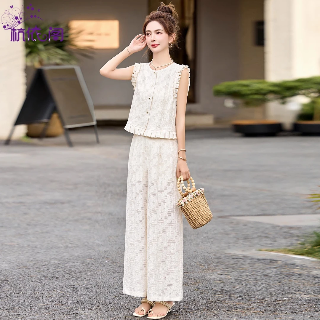 无袖小香风套装女夏穿搭一整套2025新款时尚洋气马甲阔腿裤两件套