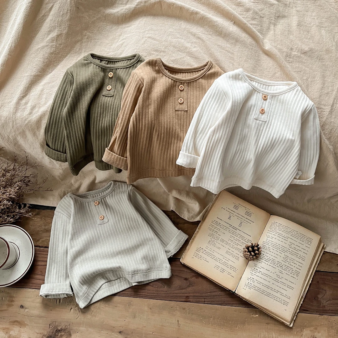 婴幼儿春秋季打底衫洋气男女童纯色坑条长袖T恤