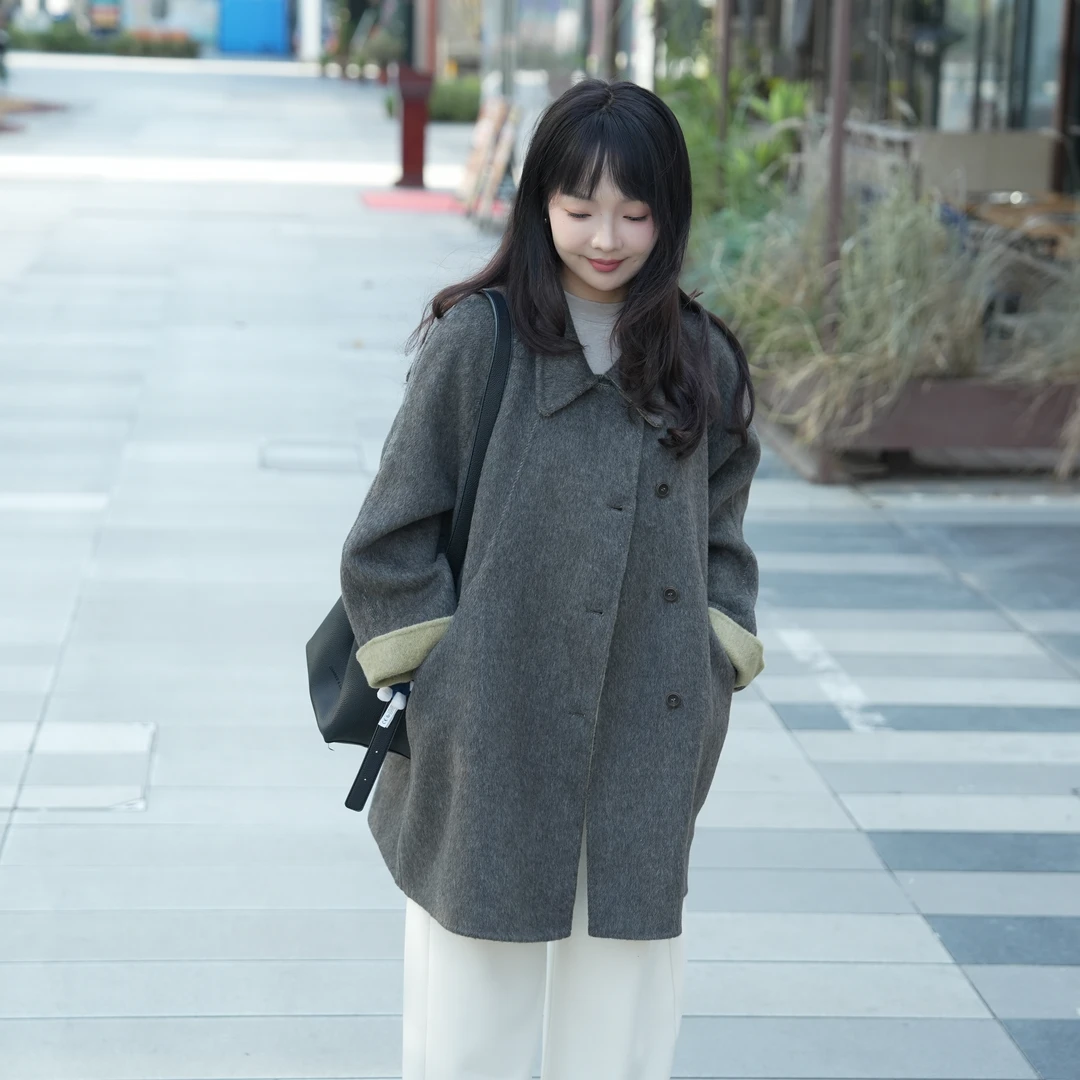 2025秋冬新款双面双色娃娃领减龄显瘦百搭小个子宽松韩版羊毛外套