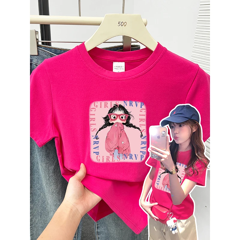 【运补】韩系女孩减龄修身短袖T恤女洋气ins正肩显瘦设计弹力棉上衣