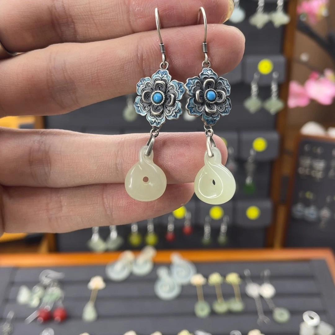 和田玉耳饰银S925镶嵌我***贝