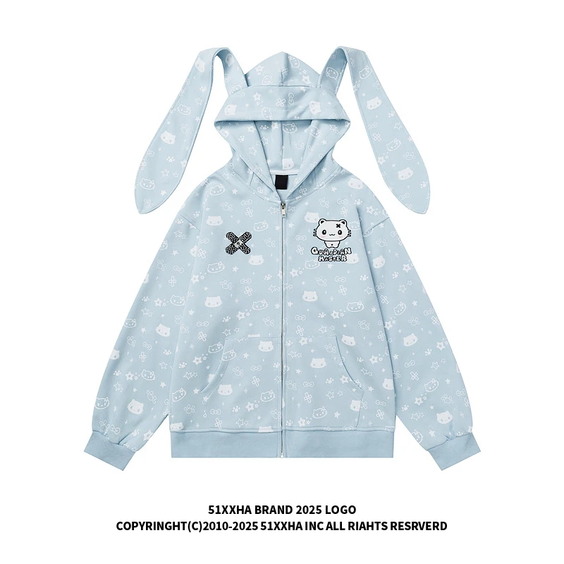 51嘻哈潮牌软萌卡通刺绣开衫连帽卫衣男女美式慵懒风情侣兔子外套