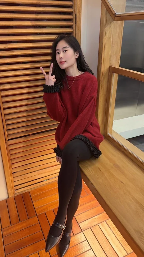 Miss huo 下摆拼接毛衫 A 红色 8681