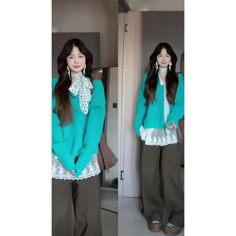 多巴胺v领长袖针织衫女早秋穿搭百搭软糯毛衣显瘦直筒宽松阔腿裤