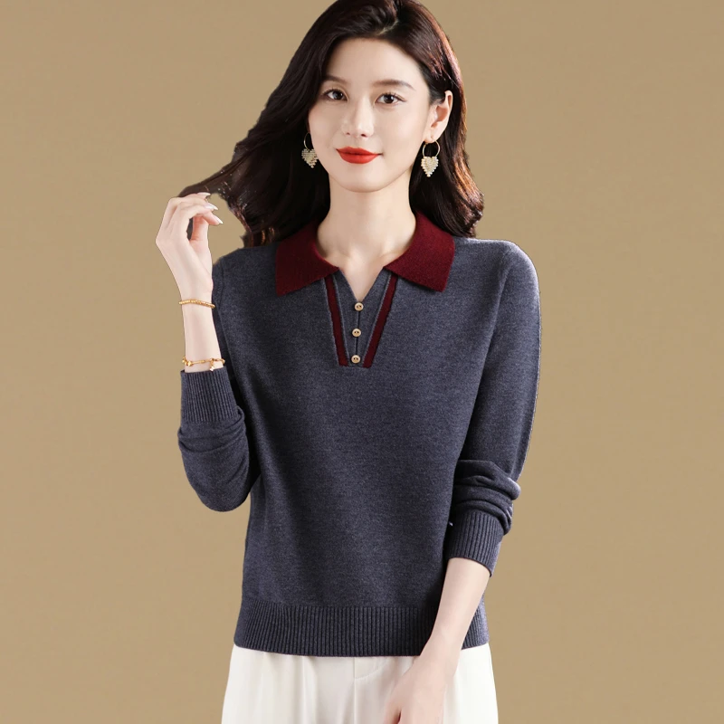 高级感拼色长袖polo衫毛衣女秋冬2025新款气质翻领洋气针织打底衫