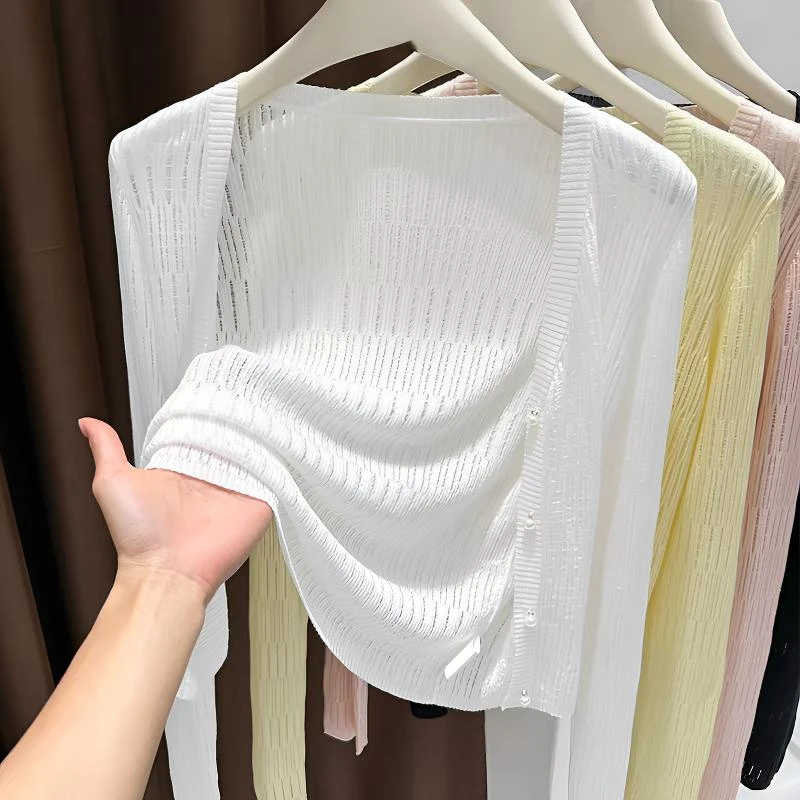 高级感白色夏季防晒针织开衫女薄款v领镂空罩衫外套短款披肩上衣