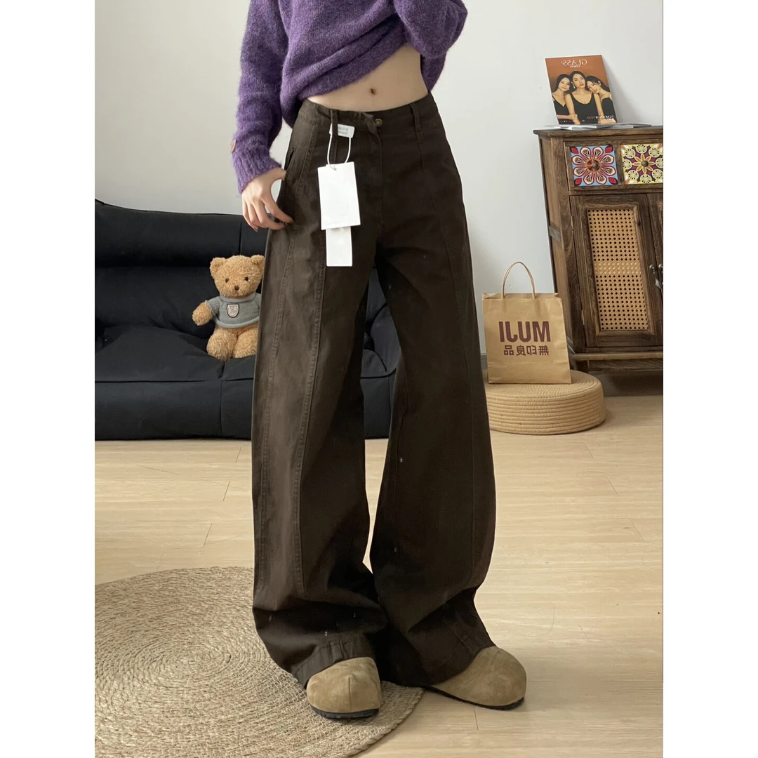 美拉德棕色复古水洗弯刀牛仔裤女秋冬2025新款高腰休闲显瘦阔腿裤