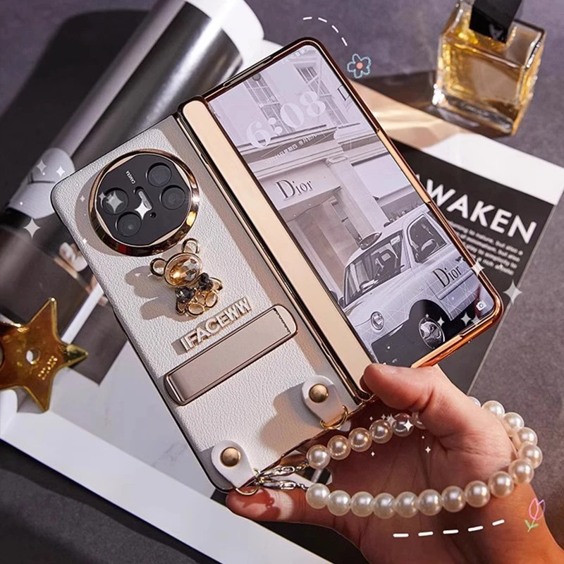 适用华为matex6折叠屏matex5手机壳膜一体轻奢风钻熊电镀女保护套