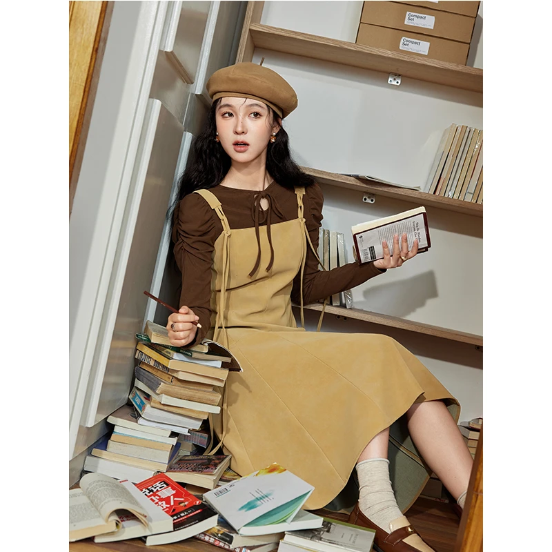 【年末大促】谜秀pu皮背带连衣裙内搭2024秋季女装法式背心吊带长裙