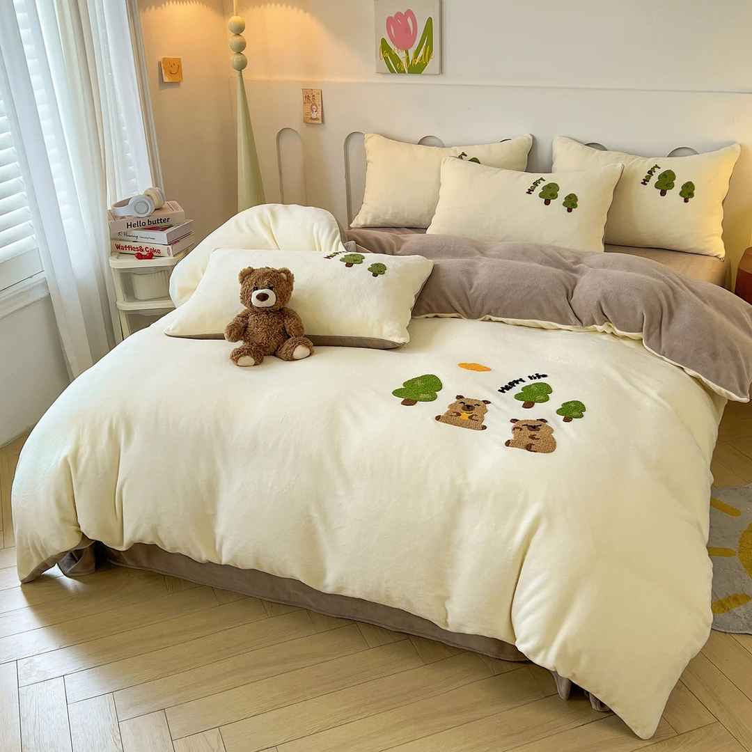 学生冬季加厚牛奶绒床上四件套卡通刺绣可爱床品套件双面绒被套