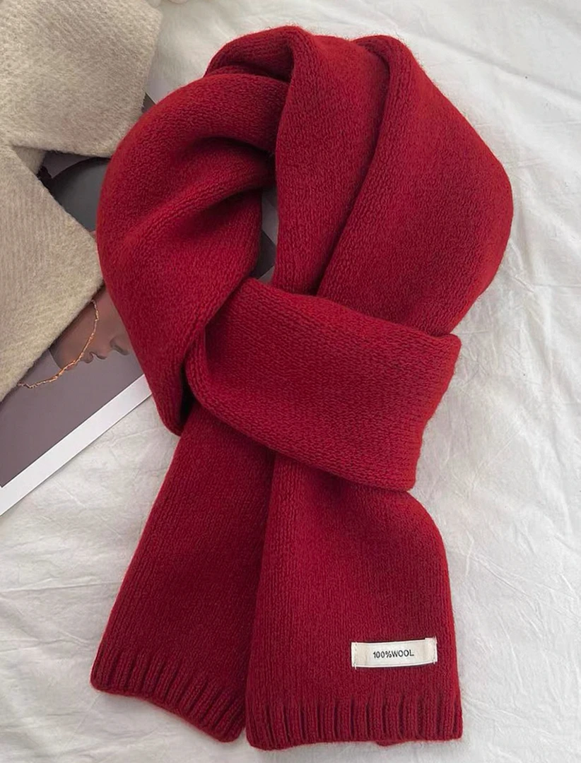 澳洲全羊毛围巾冬季保暖百搭精品针织红色秋冬季纯色时尚百搭