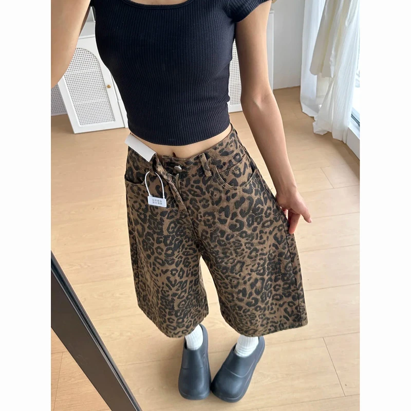 豹纹七分牛仔裤女2025夏季新款设计感个性辣妹宽松显瘦大阔腿中裤