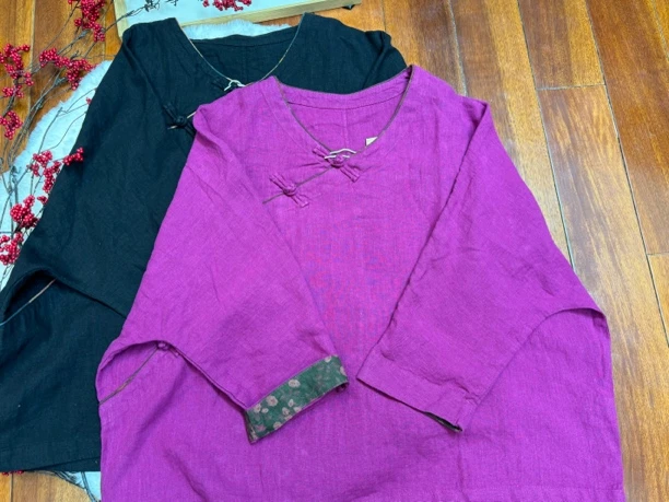 【淇淇推荐】设计款斜襟亚麻拼接上衣