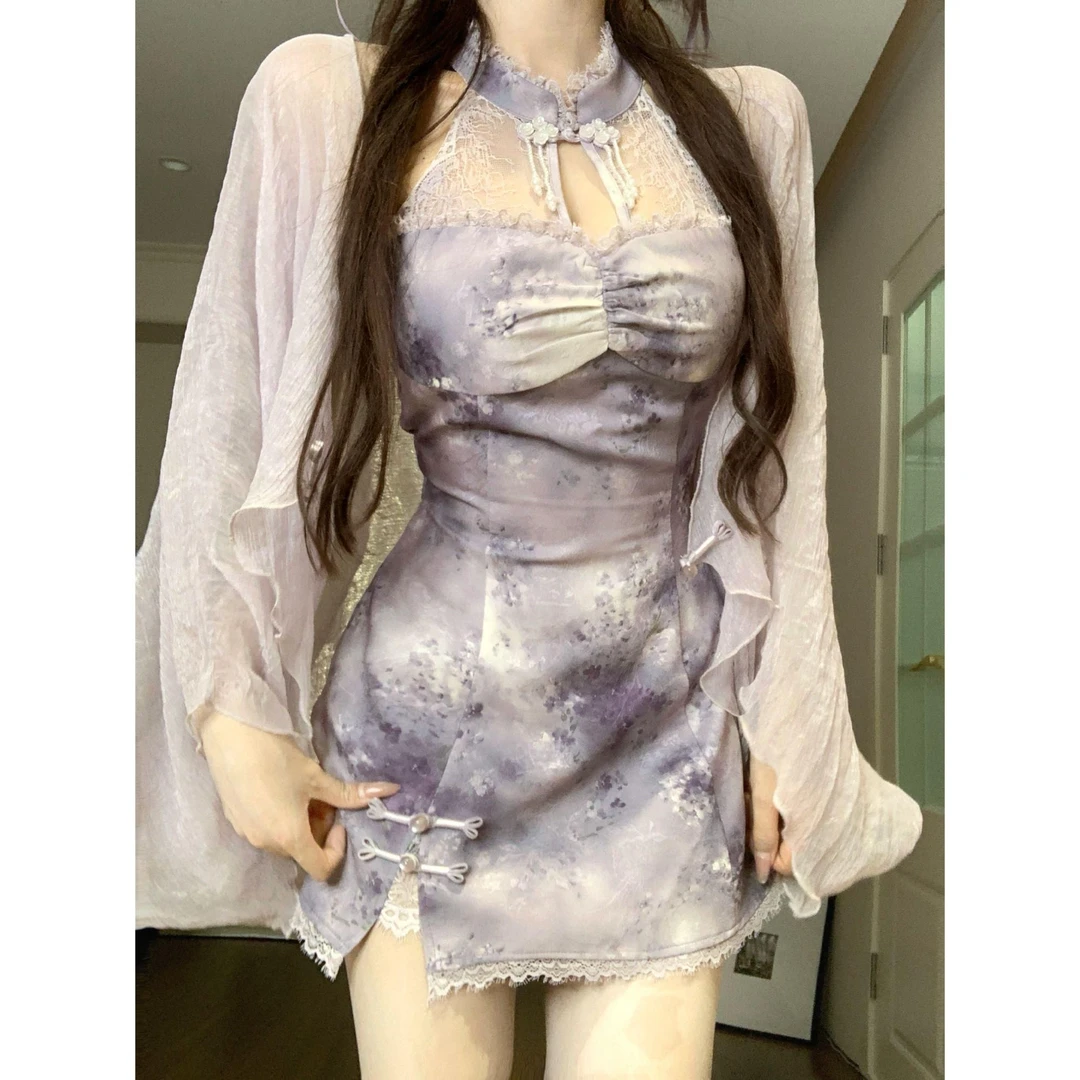 迷幻紫啧  夏季国风新中式小众设计连衣裙纯欲少女旗袍小个子印花
