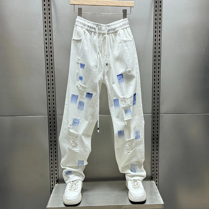 25夏季新款白色破洞裤男女同款泼墨做旧高街美式直筒痞帅休闲裤子