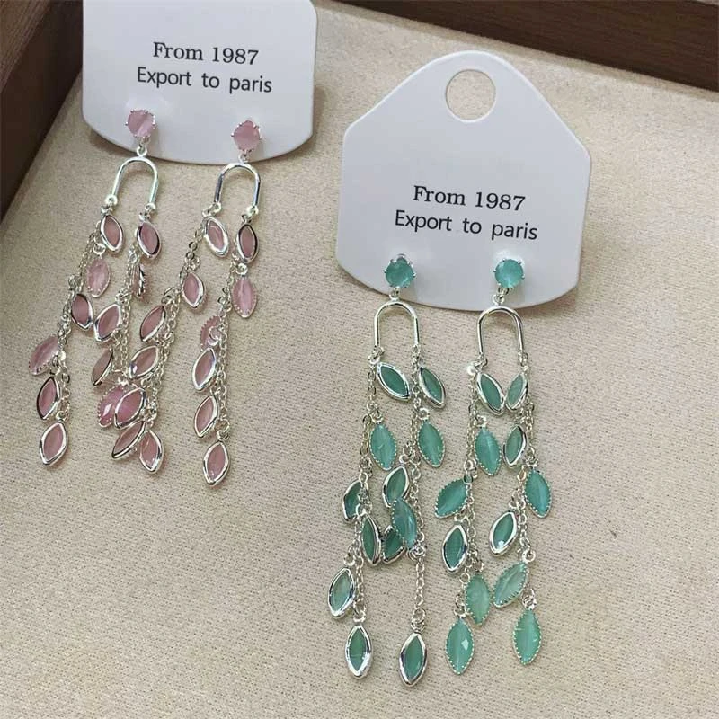 铜合金锆石耳饰 粉绿独特叶子流苏耳环轻奢高级长款气质森系复古