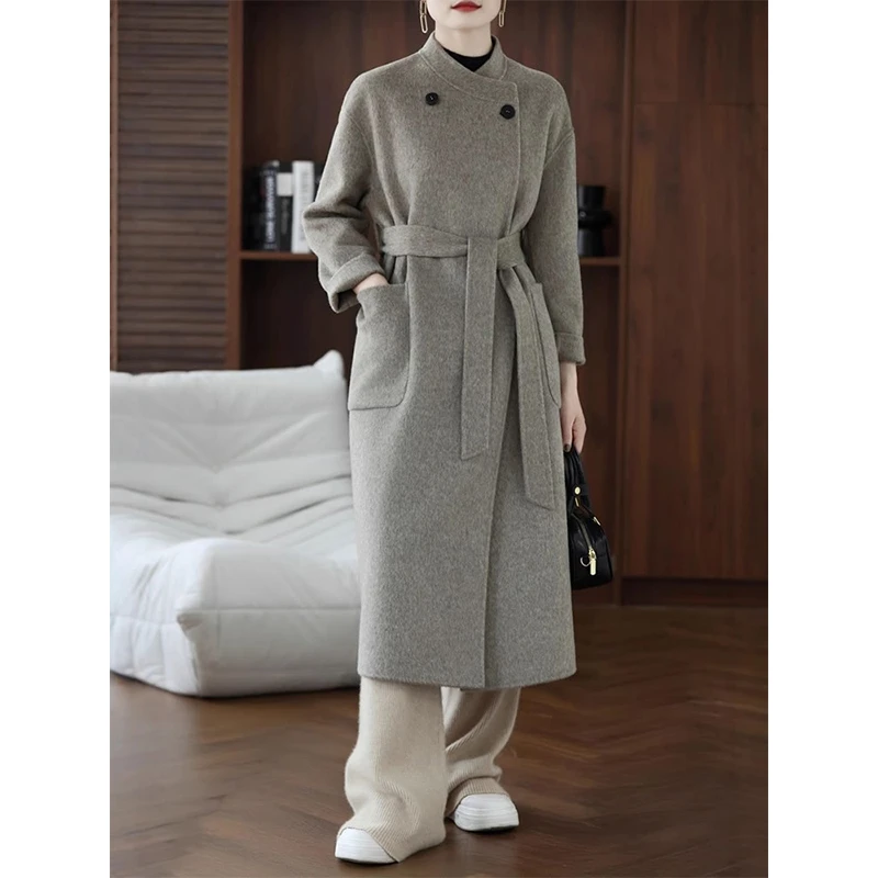 赫本风纯羊毛大衣女秋冬高级感气质通勤过膝腰带收腰双面呢子外套
