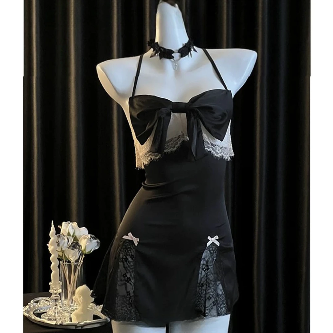 性感吊带睡裙女蕾丝镂空大露背冰丝显瘦女家居服Q24