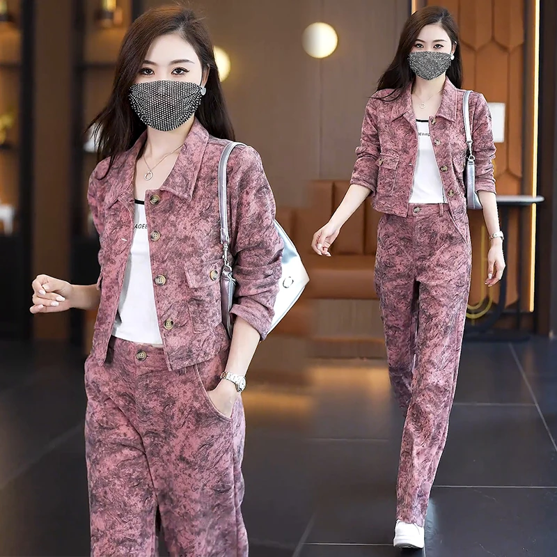 时尚休闲套装女2025春季新款洋气显瘦印花开衫阔腿裤运动服两件套