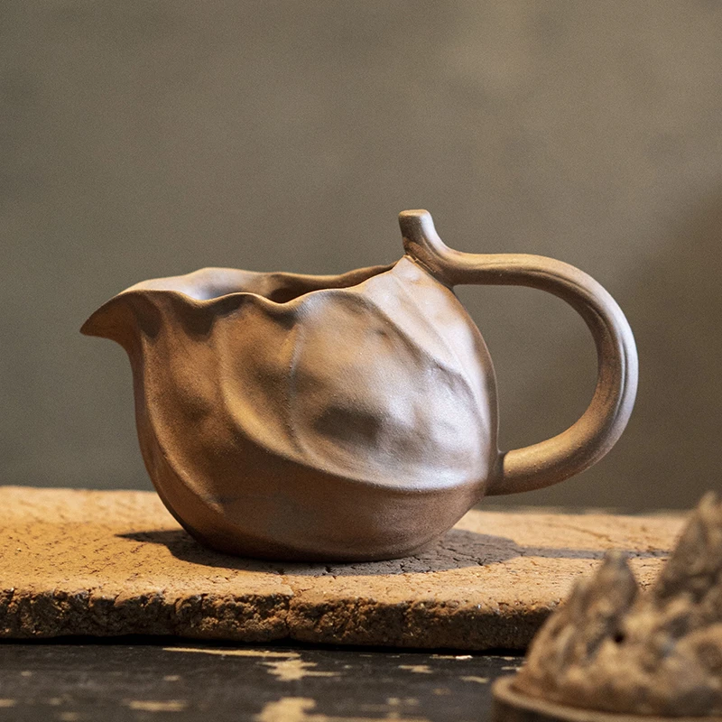 荷叶手把公道杯粗陶素烧功夫茶具防烫创意仿古均杯家用陶瓷分茶器