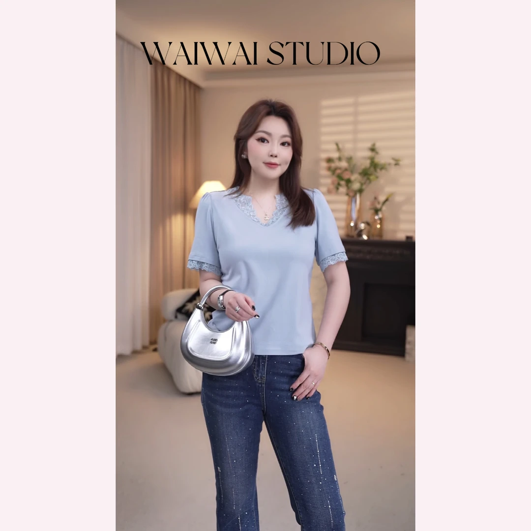 【百搭T】显瘦V领拼接蕾丝花边百搭T X52S333