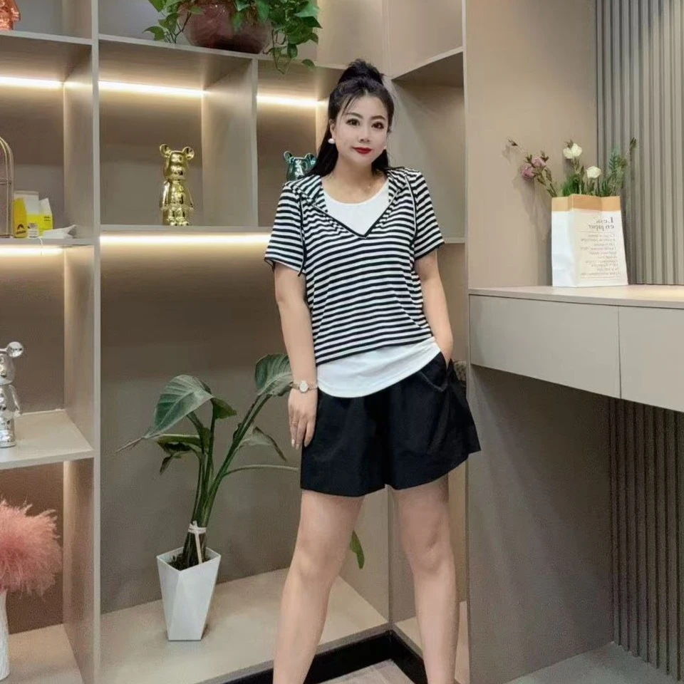 夏季半袖-甜 3777时尚洋气条纹连帽休闲显瘦百搭胖MM大码女装新款