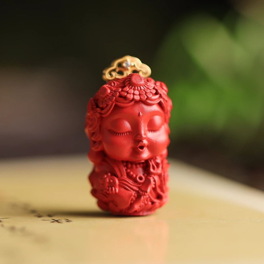 含辰砂工艺品S925银镶嵌朱砂工艺品度母女款吊坠 不含链