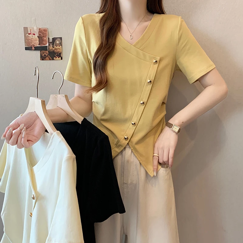 2025夏装新款胖mm大码女简约休闲v领不规则别致短袖T恤33901